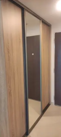 Vstavaná skriňa na mieru do chodby a predsiene s kombinovanou výplňou dverí v dekore dub