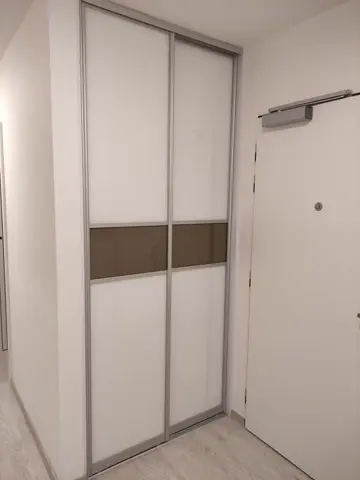 Vstavaná skriňa na mieru do chodby a predsiene, dvojdverová so sklenenou výplňou, kombinácia dekorov