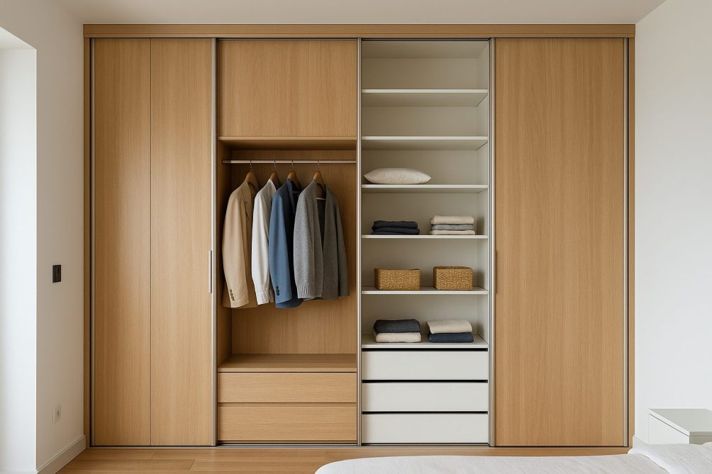 Moderná lacná vstavaná skriňa s posuvnými dverami v spálni
