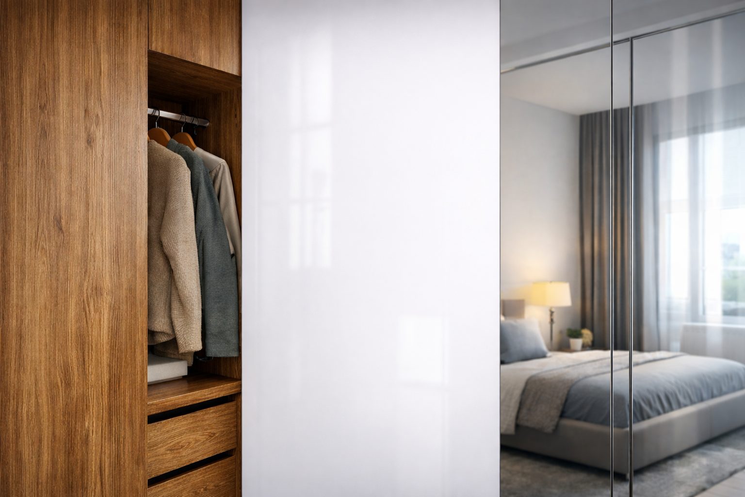 Vstavané skrine materiály – porovnanie lamino, MDF a zrkadlo